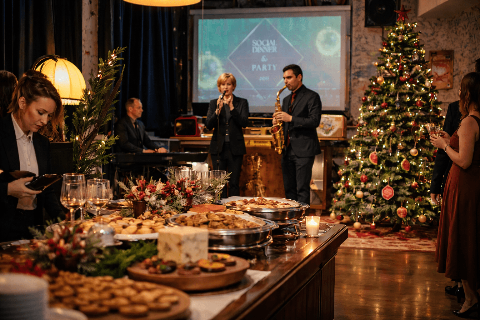 Cena di beneficenza natalizia a Milano con buffet gourmet e live band jazz in atmosfera elegante.