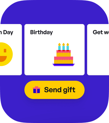 Image of cards with the label ‘Birthday’ and a cake icon, there is also a yellow ‘Send gift’ button.