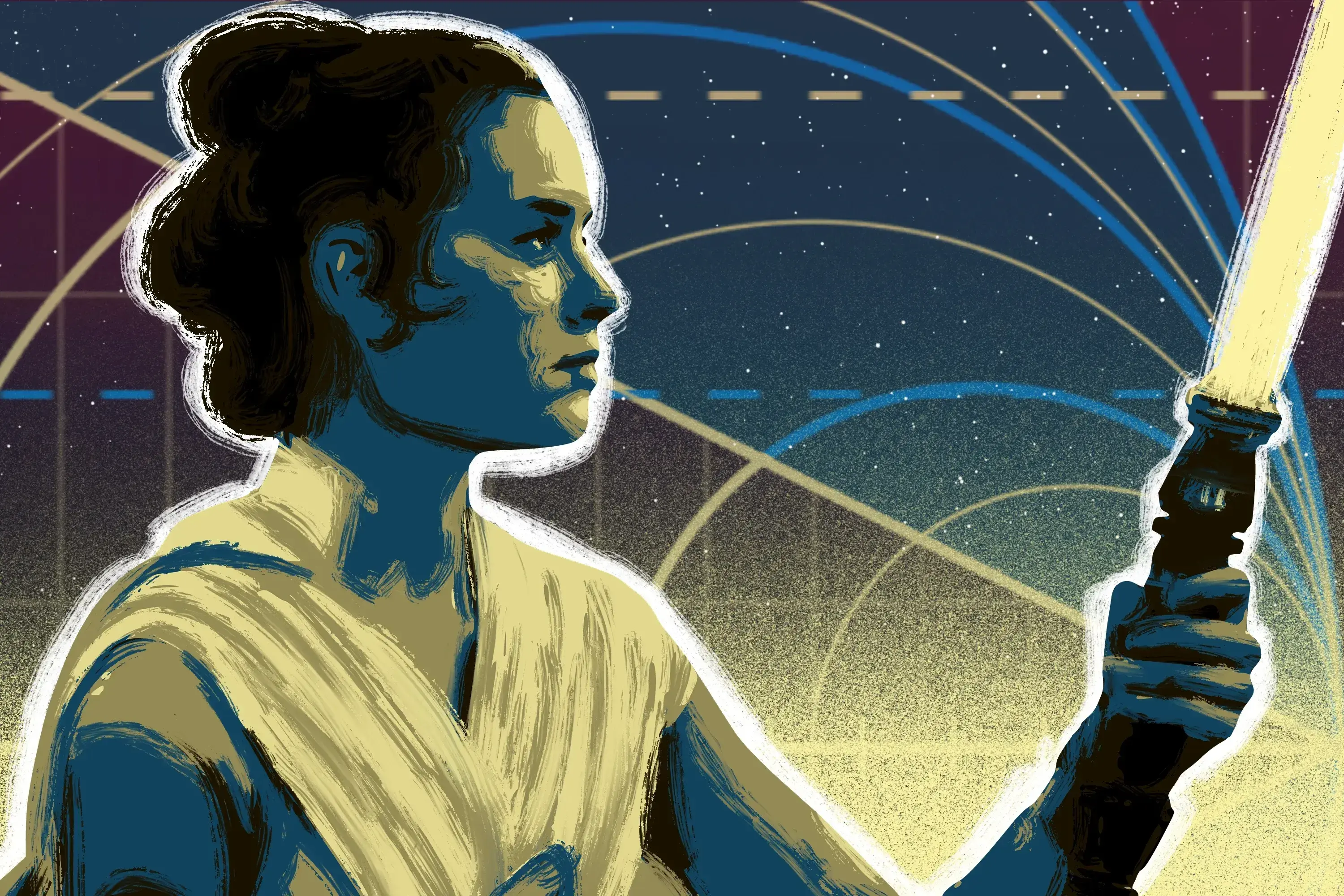 Rey Skywalker holding her yellow lightsaber against a geometric background