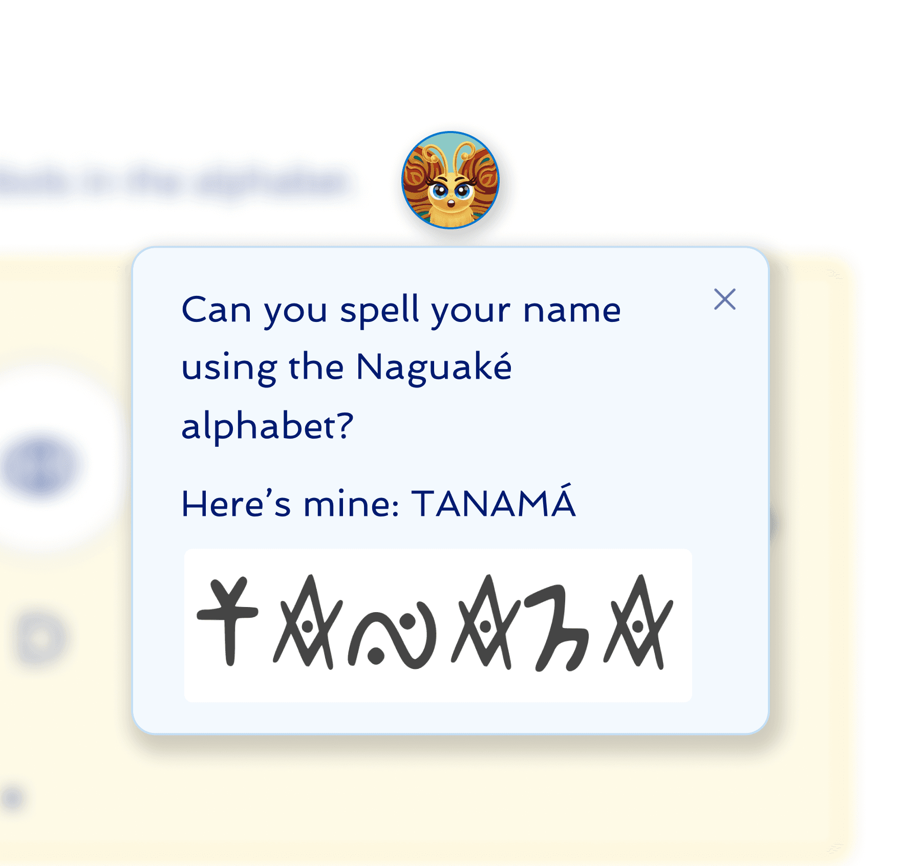Open tooltip over a blurred island page: Tanamá asks if you can spell your name in the Naguaké alphabet and shows her own name written in its script.