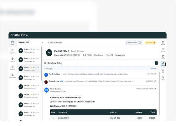 Screenshot Heyrise Studio Konversationen