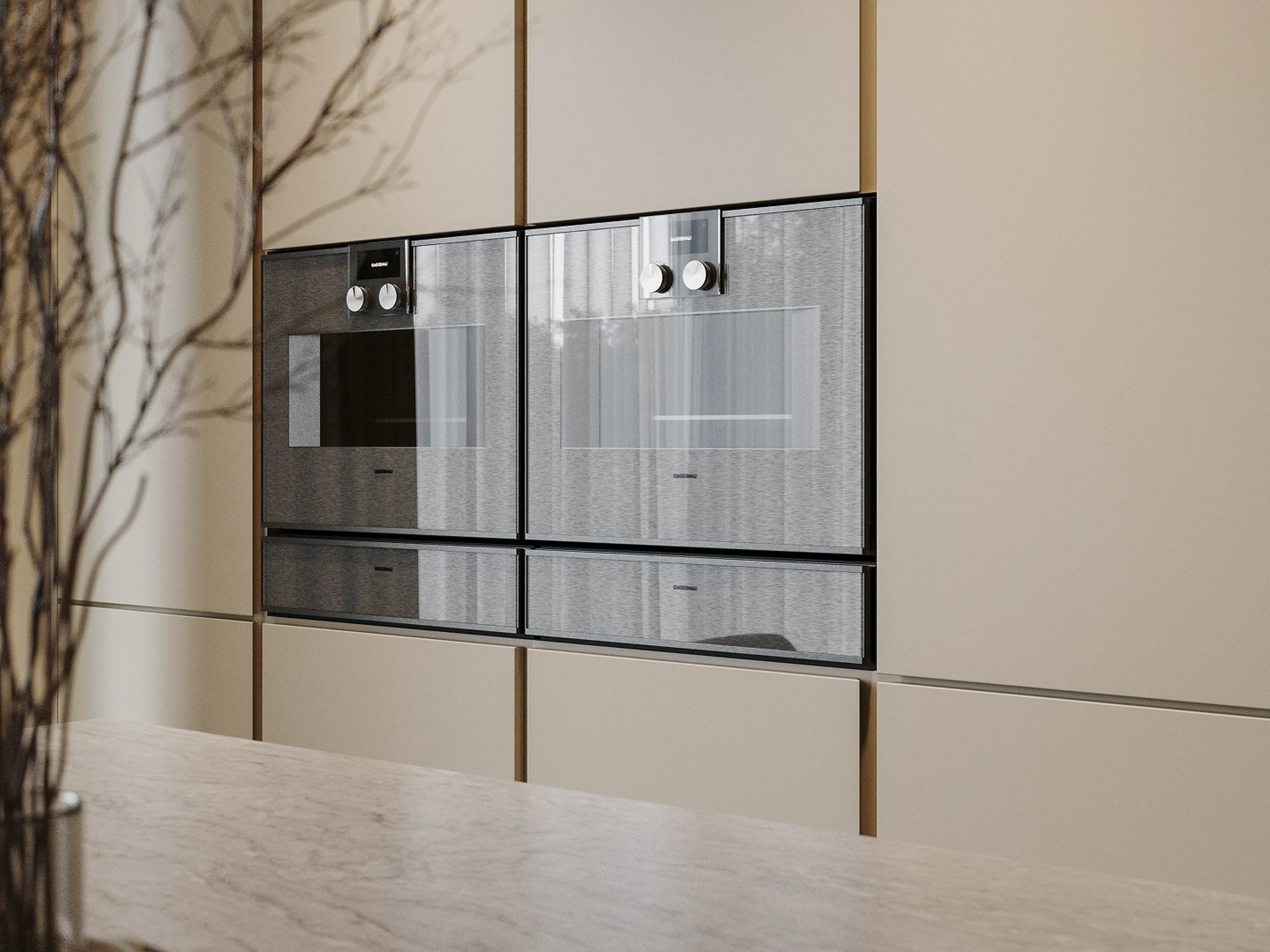 Salle à manger — table en chêne et suspensions minimalistes.