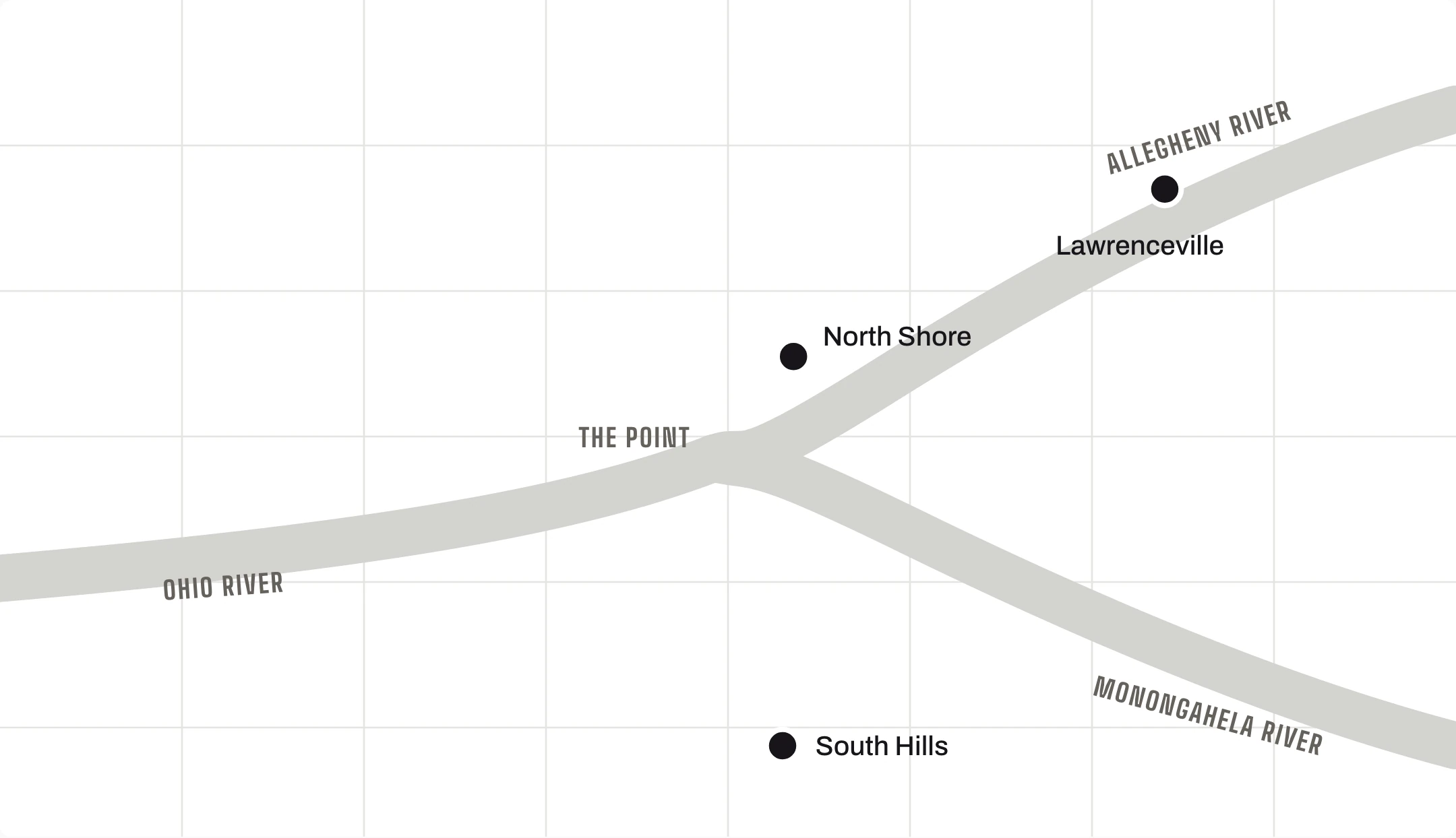 Map of Pittsburgh’s three rivers with the North Shore, Lawrenceville and South Hills locations