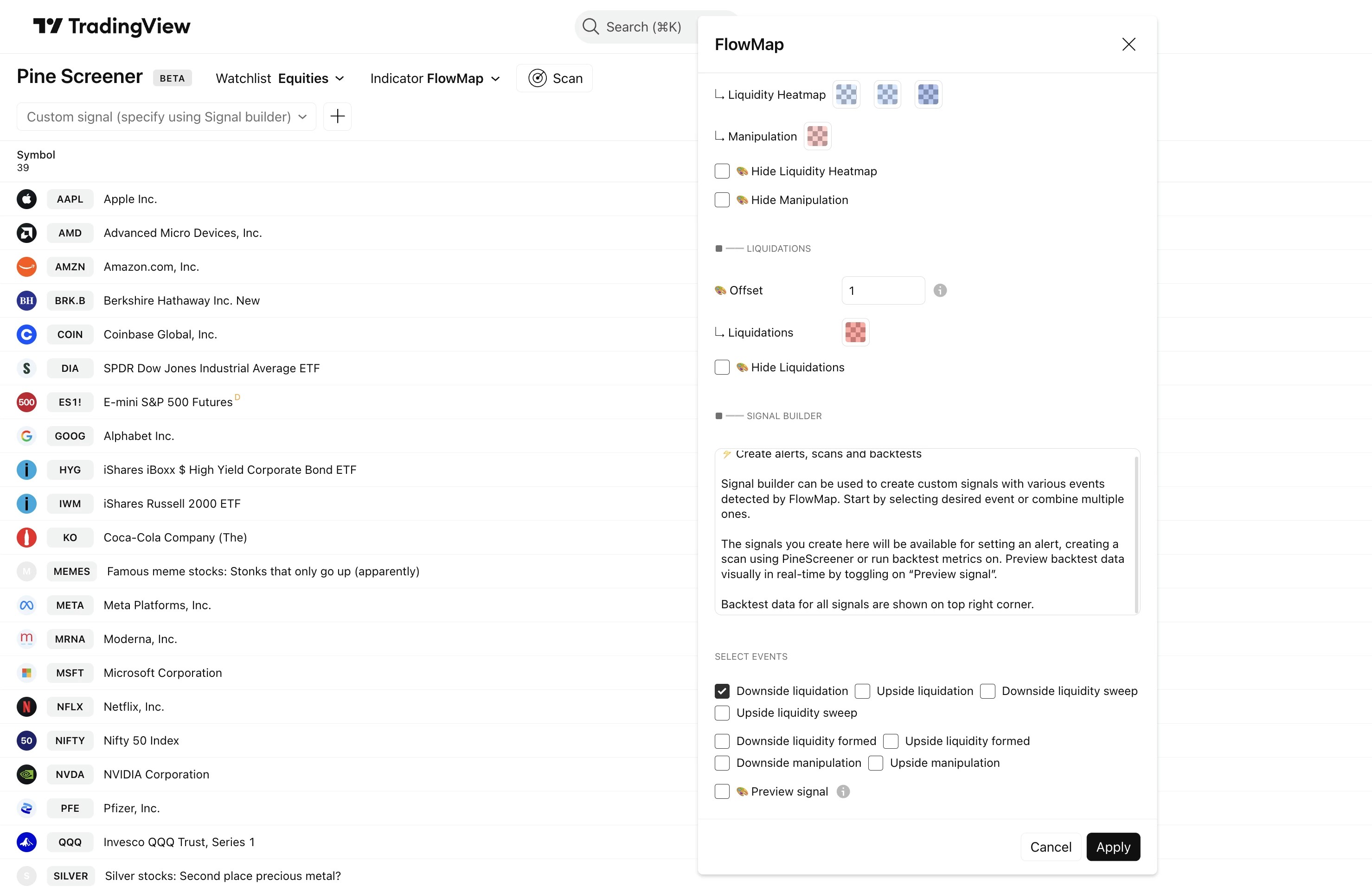 Illustration showing how to build a signal for market scan using FlowMap with PineScreener.