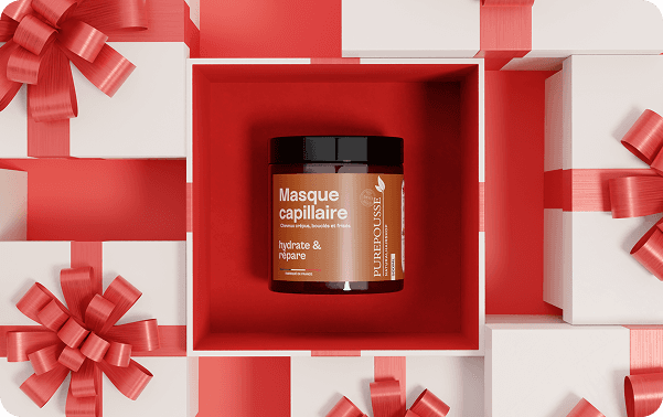 Packshot of Masque Capillaire in red cubic Christmas box design