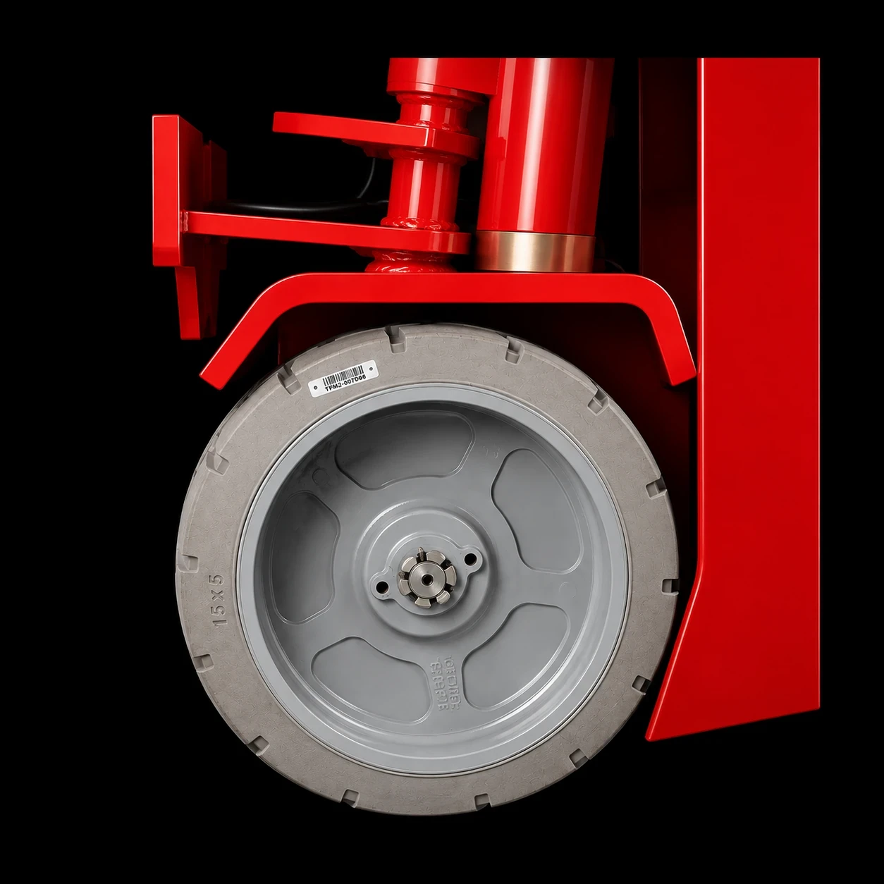 Heavy-duty steering wheel assembly on red industrial lifting machine
