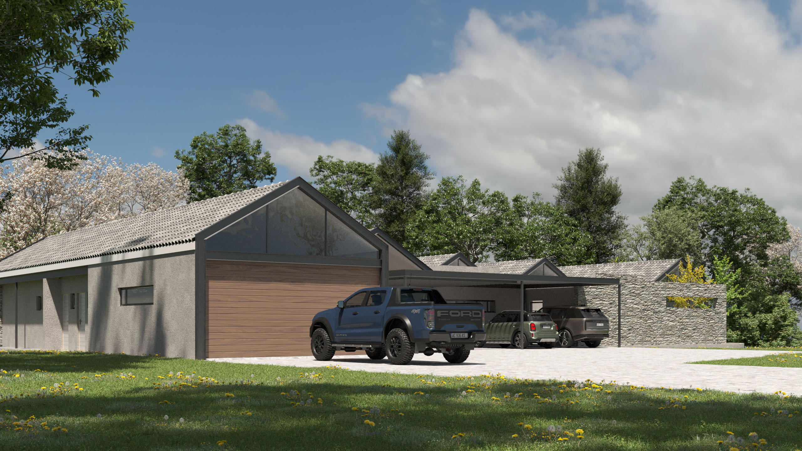 Modern gable house with cars parked in front