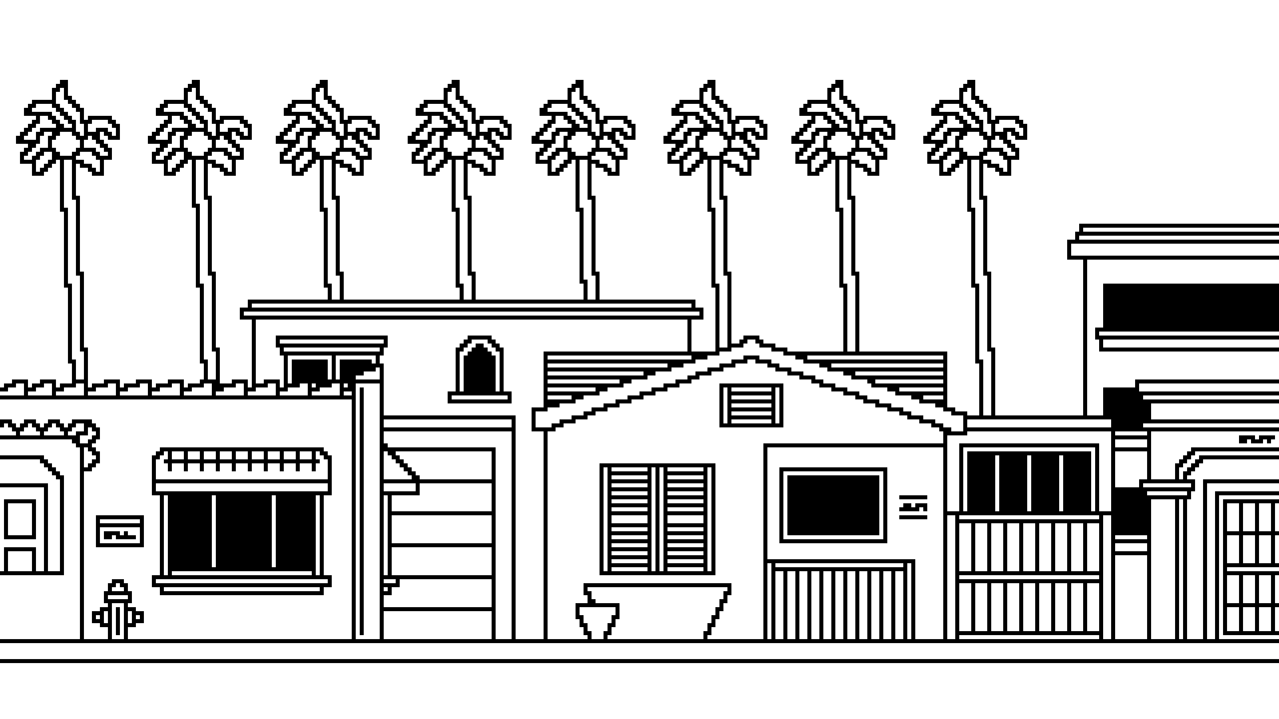 Black and white pixel illustration of a South LA neighborhood.