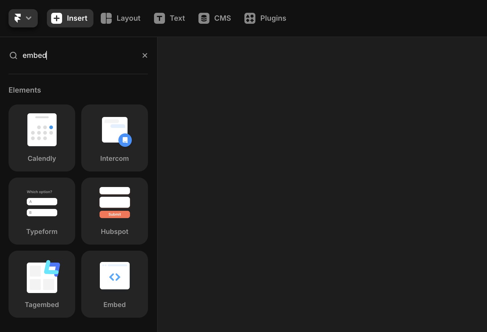 The left panel shows six element options under the 'Elements' category: Calendly, Intercom, Typeform, Hubspot, Tagembed, and Embed, each represented by a distinct icon.