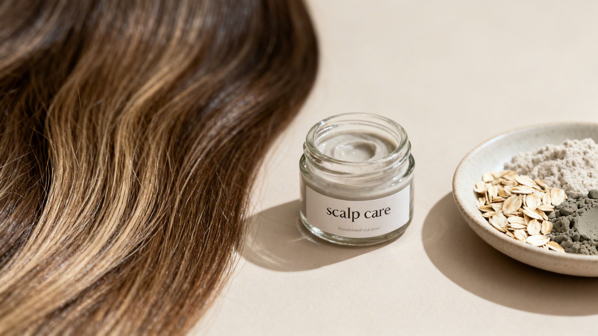 Healthy brown hair with a jar of scalp care mask and a bowl of natural ingredients.