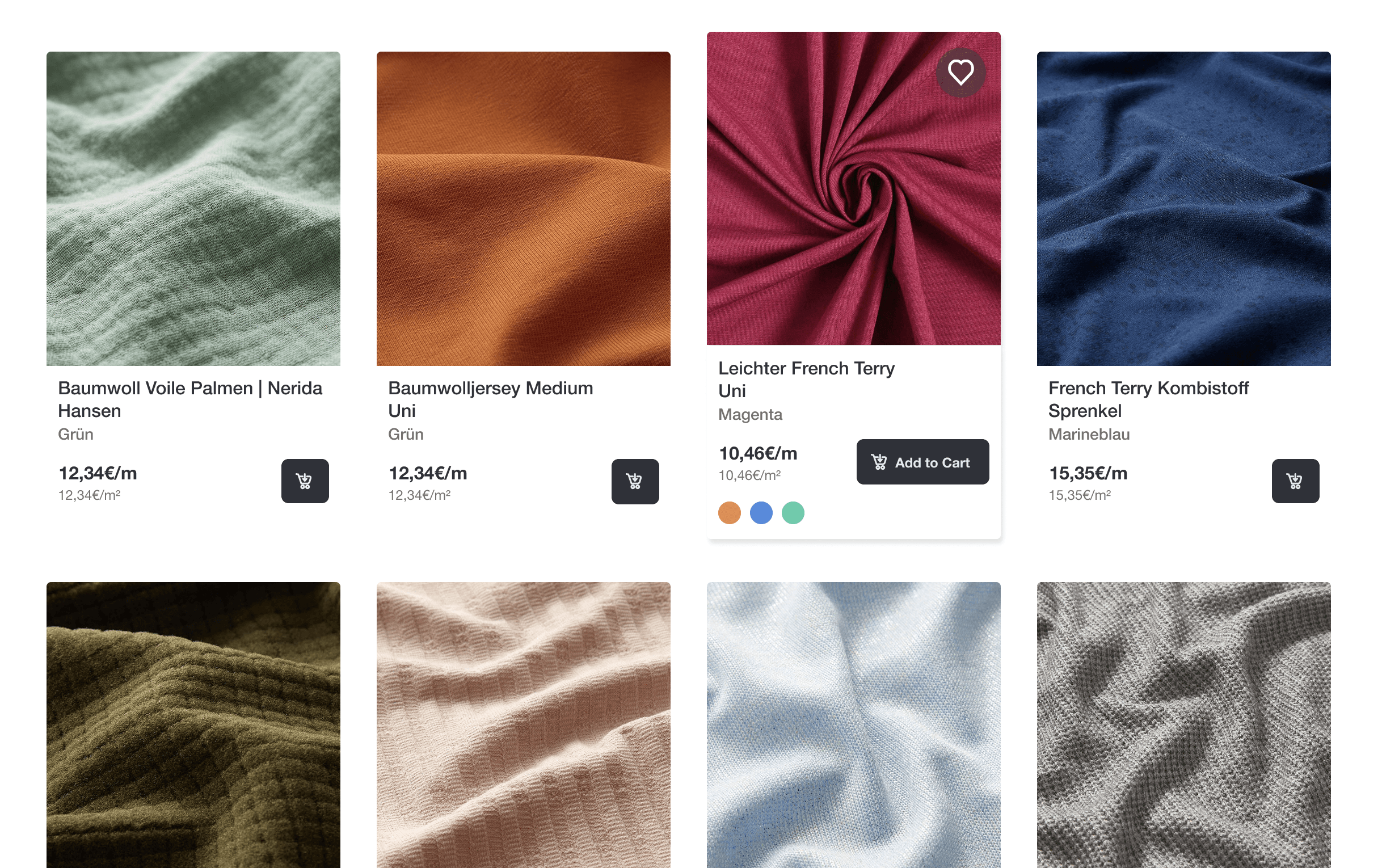 Larger product cards and improved spacing create a clean, breathable layout that brings focus to fabric details. Subtle hover animations reveal key actions and variations, reinforcing interactivity without disrupting the browsing flow.