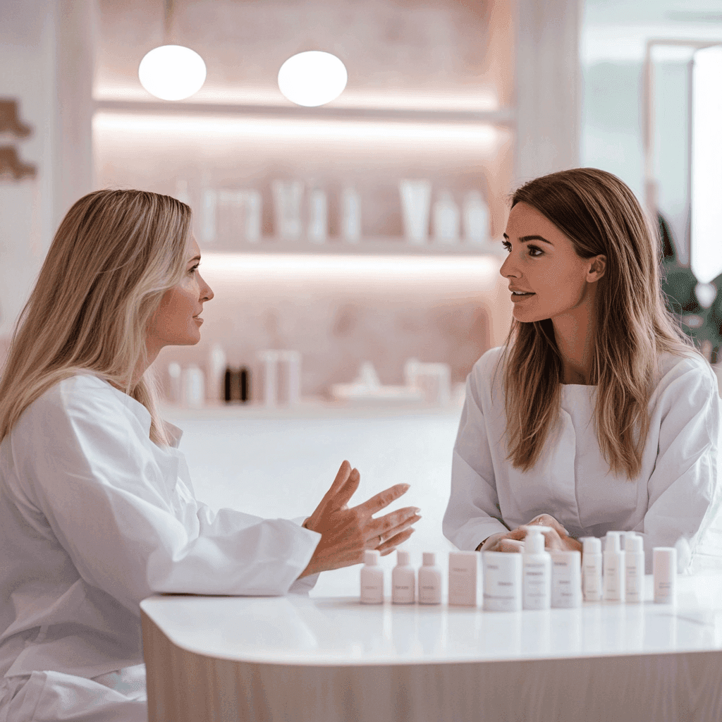 Konsultacja kosmetologiczna, omawianie produktów pielęgnacyjnych.