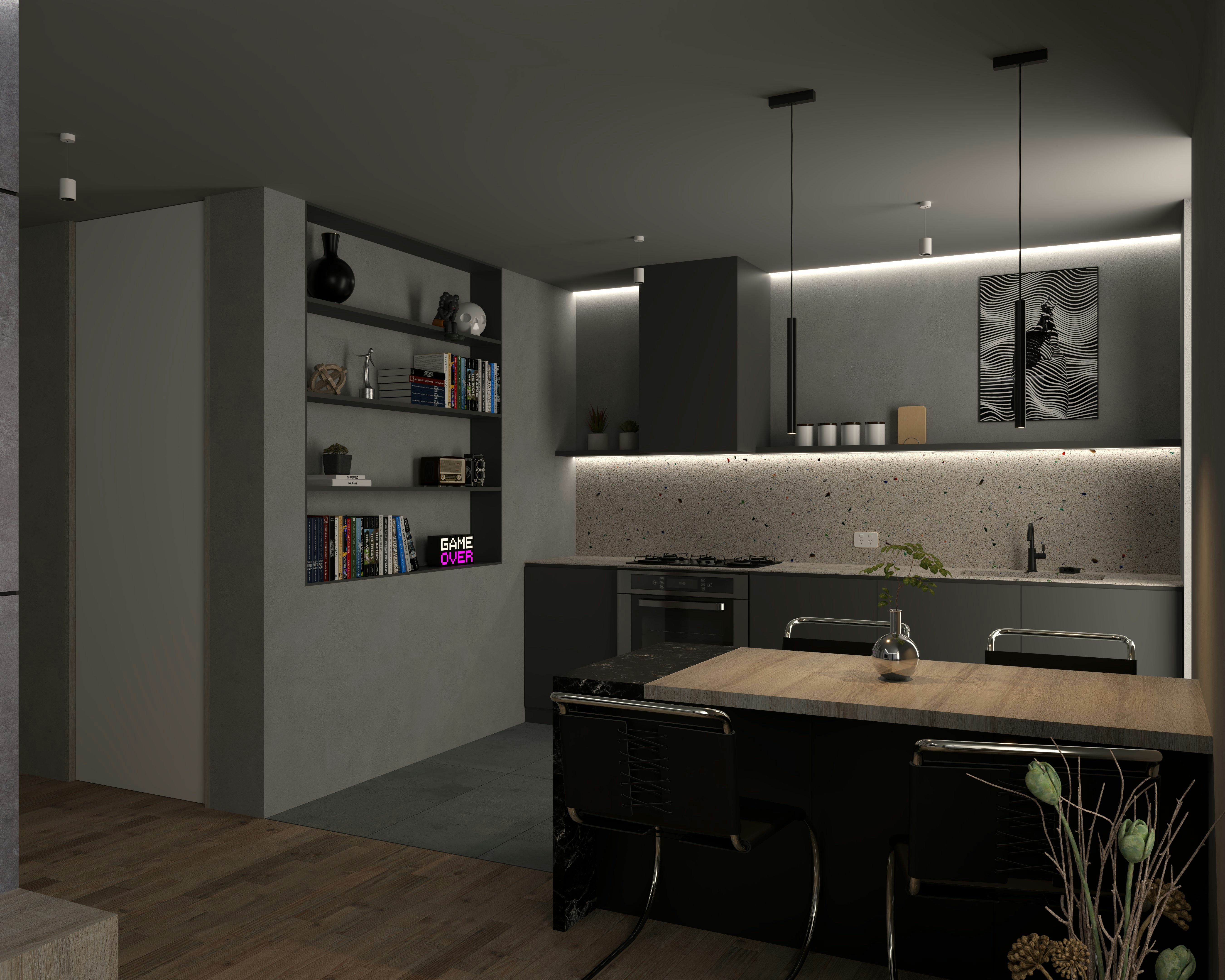 a kitchen with a wooden counter top next to a stove top oven