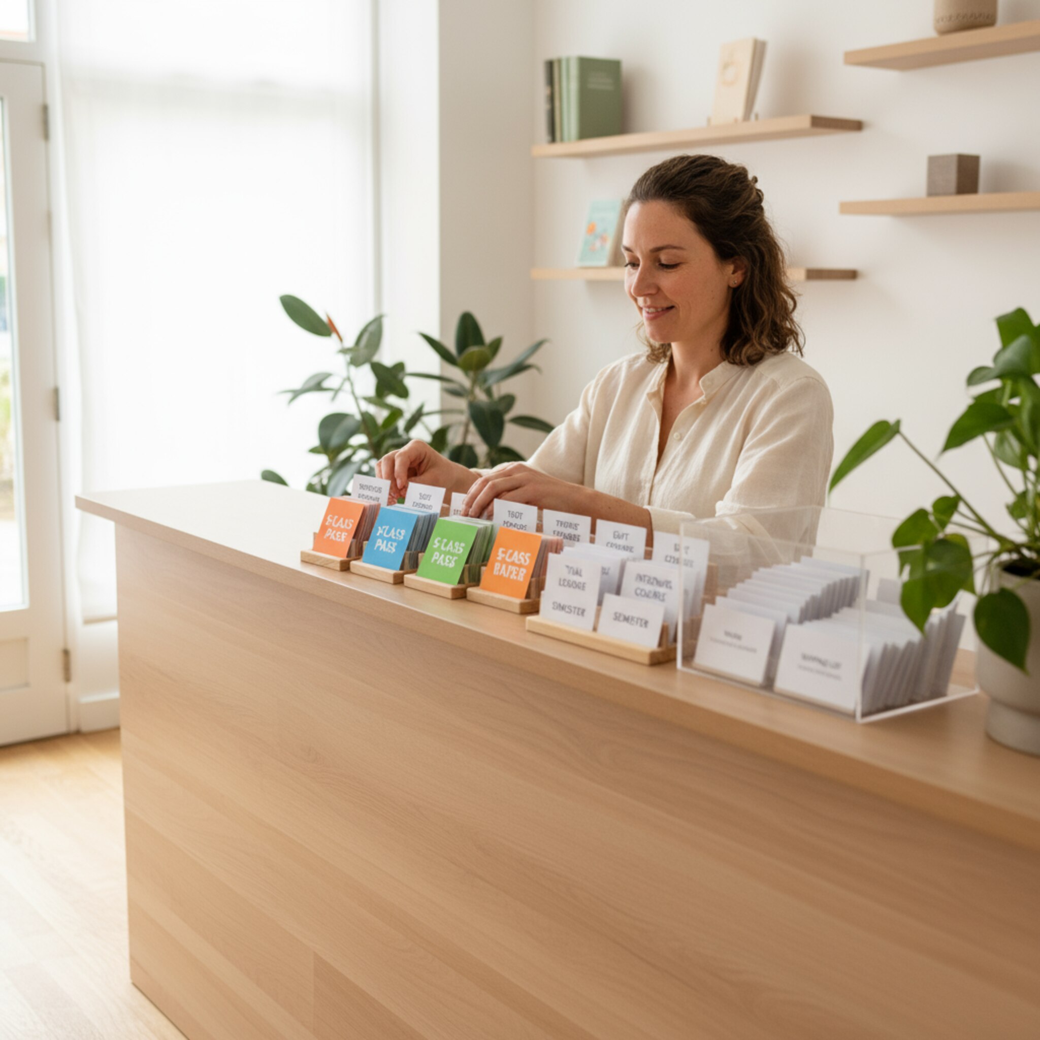 An der Rezeption liegen farbige Karten für 5er-Karten und Gutscheine. Eine Mitarbeiterin sortiert Beschriftungen für Probeunterricht, Intensivkurs und Semester. Neben dem Tresen eine kleine Box mit Wartelisten-Kärtchen. Die Szene ist übersichtlich und vorbereitet, mit klarer Ordnung.