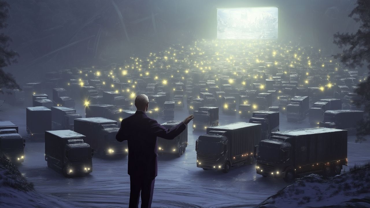 Man directing a vast fleet of trucks illuminated by headlights in a foggy night scene