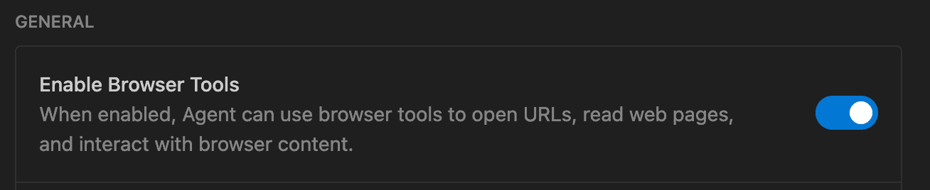 Settings page with Enable Browser Tools set to 'On'.