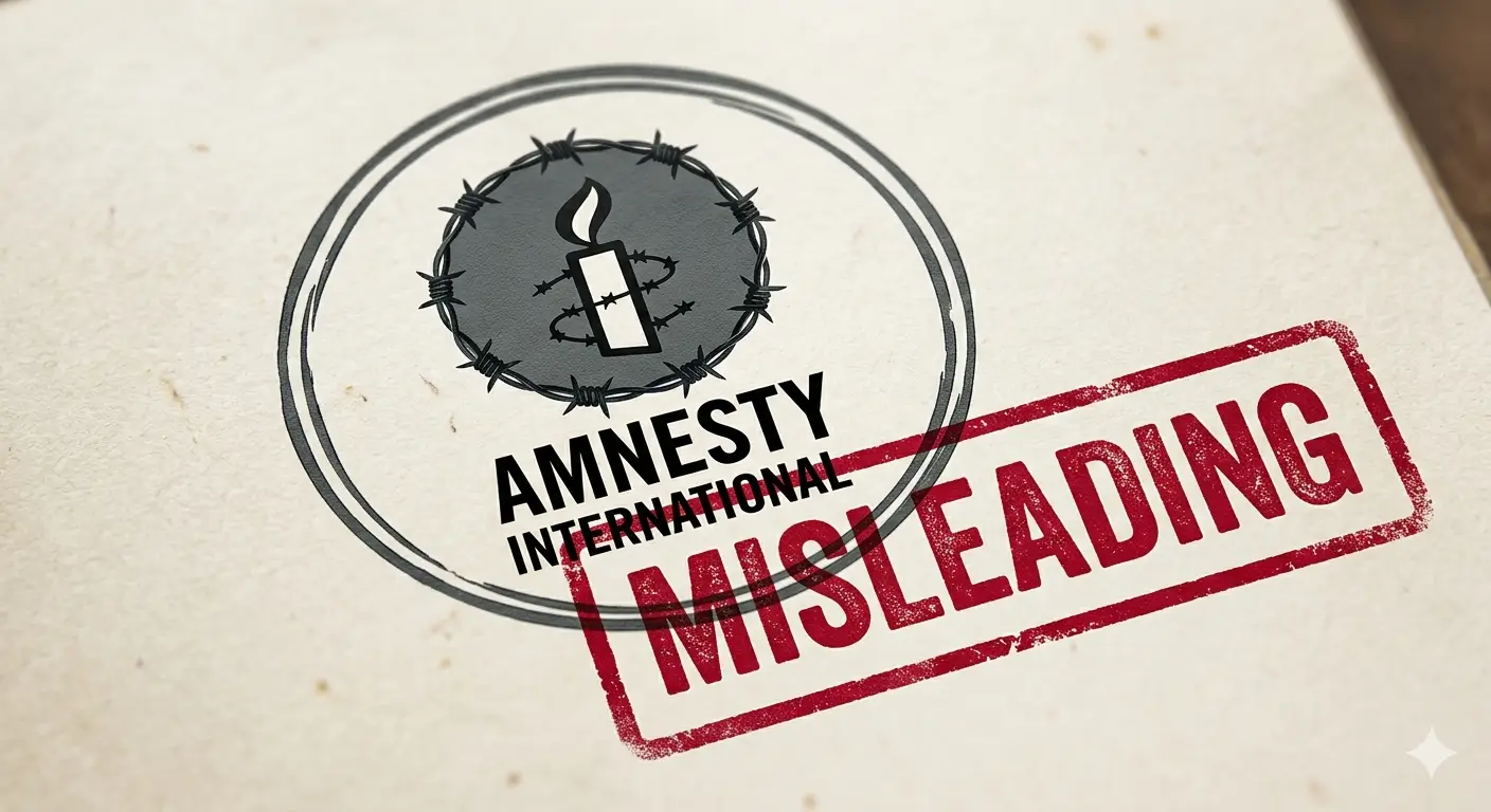 Amnesty International logo stamped with a red misleading label.