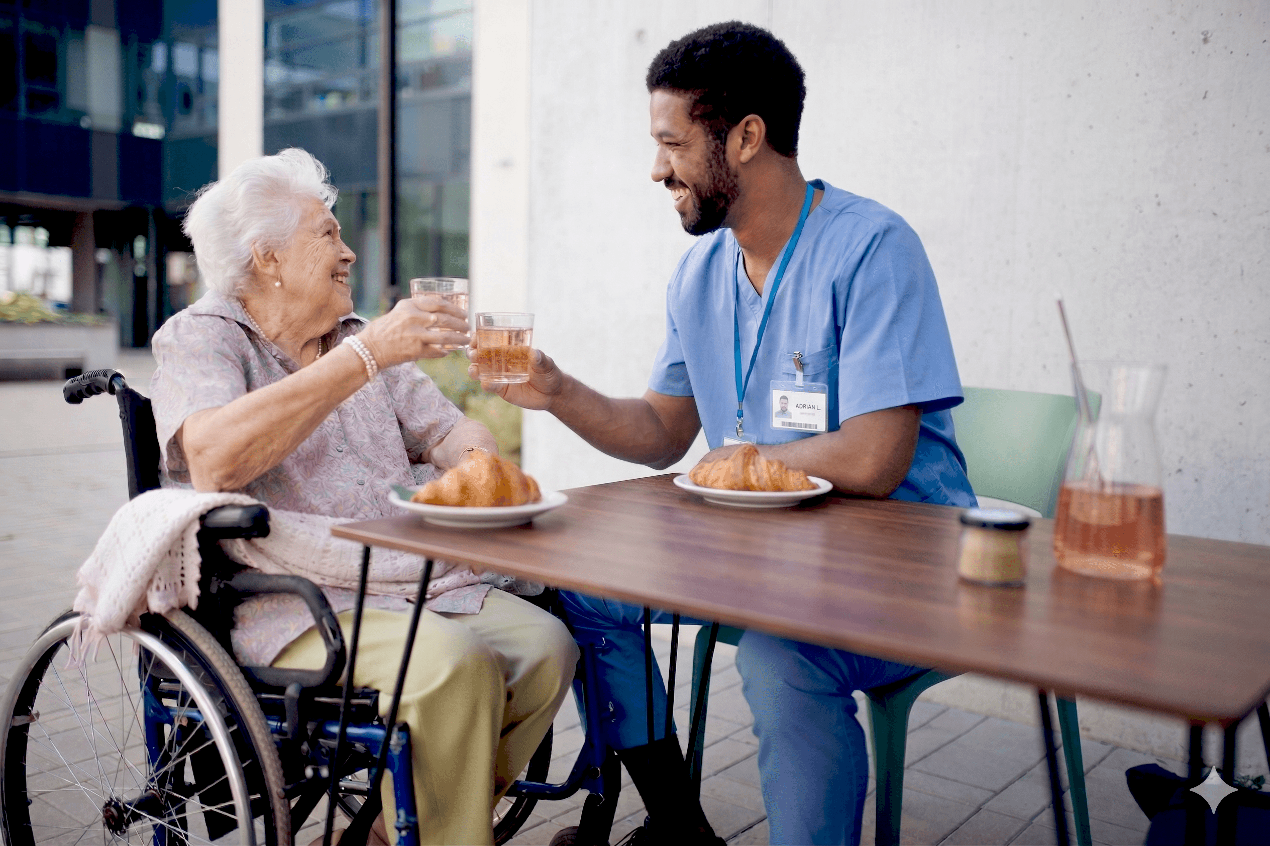 Pfleger und Seniorin machen eine Trinkpause und stoßen an