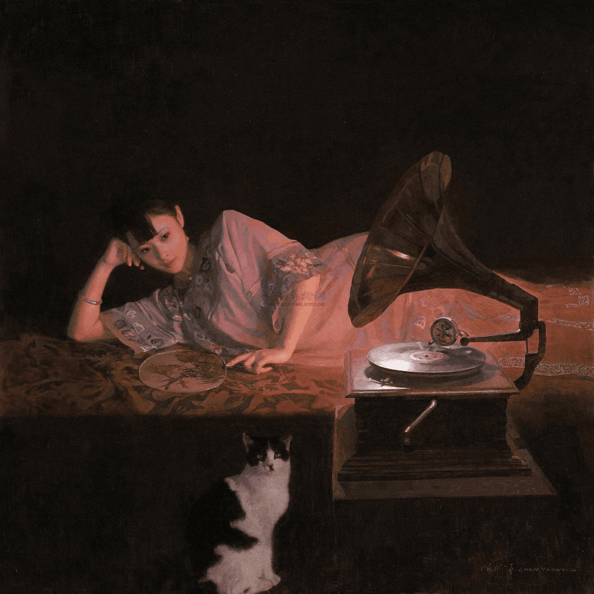 A cat is lying on a chessboard amidst scattered pieces.