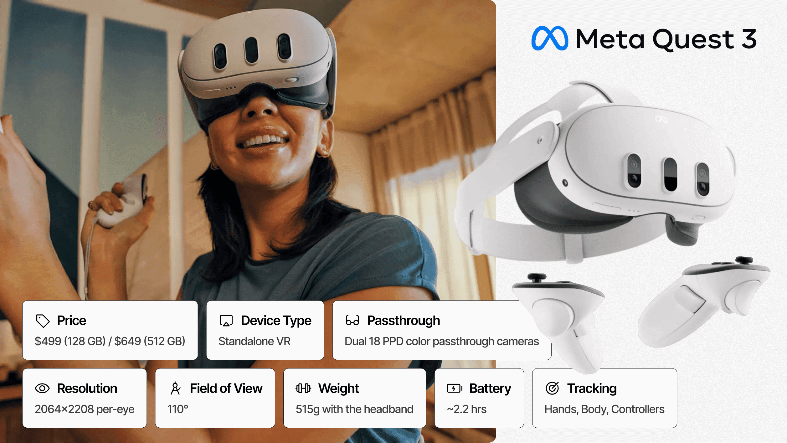 Meta Quest 3 headset and controllers displayed with a text overlay listing key specs like price, resolution, and weight.