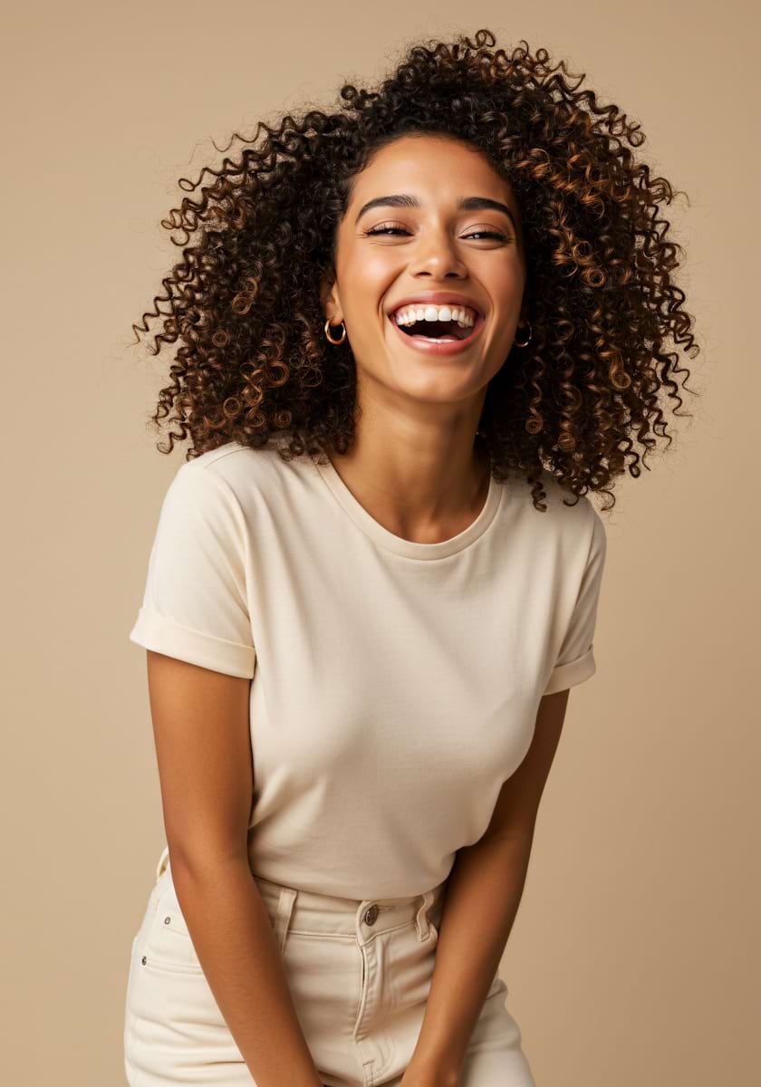 Smiling woman with curly hair wearing a beige t-shirt and pants. The background is a matching beige, creating a warm and joyful atmosphere.