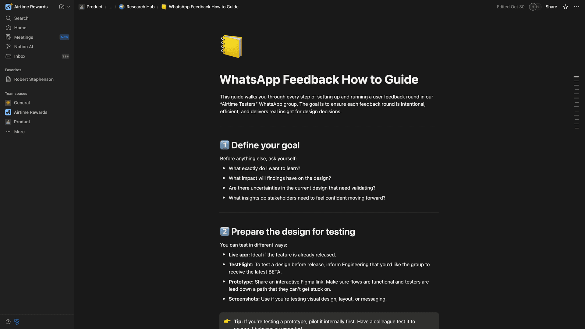 Notion page titled “WhatsApp Feedback How to Guide” outlining steps for running feedback rounds.