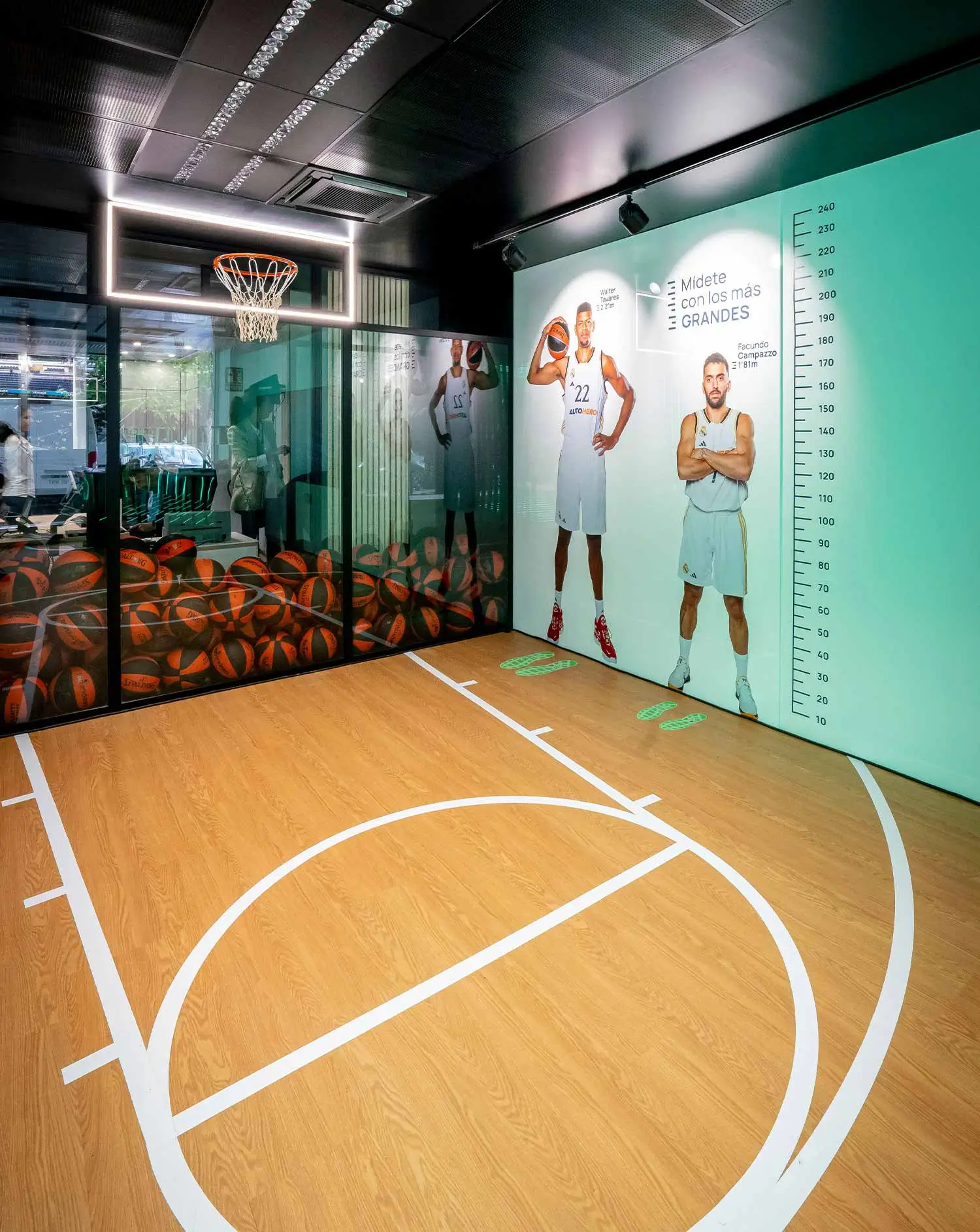 Cancha de baloncesto interior con canasta y mural de jugadores famosos.