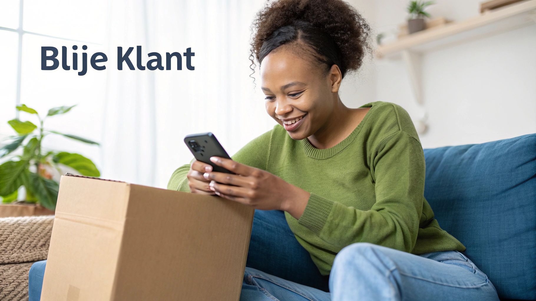 Vrolijke vrouw op de bank met een nieuw pakket, kijkend op haar smartphone.