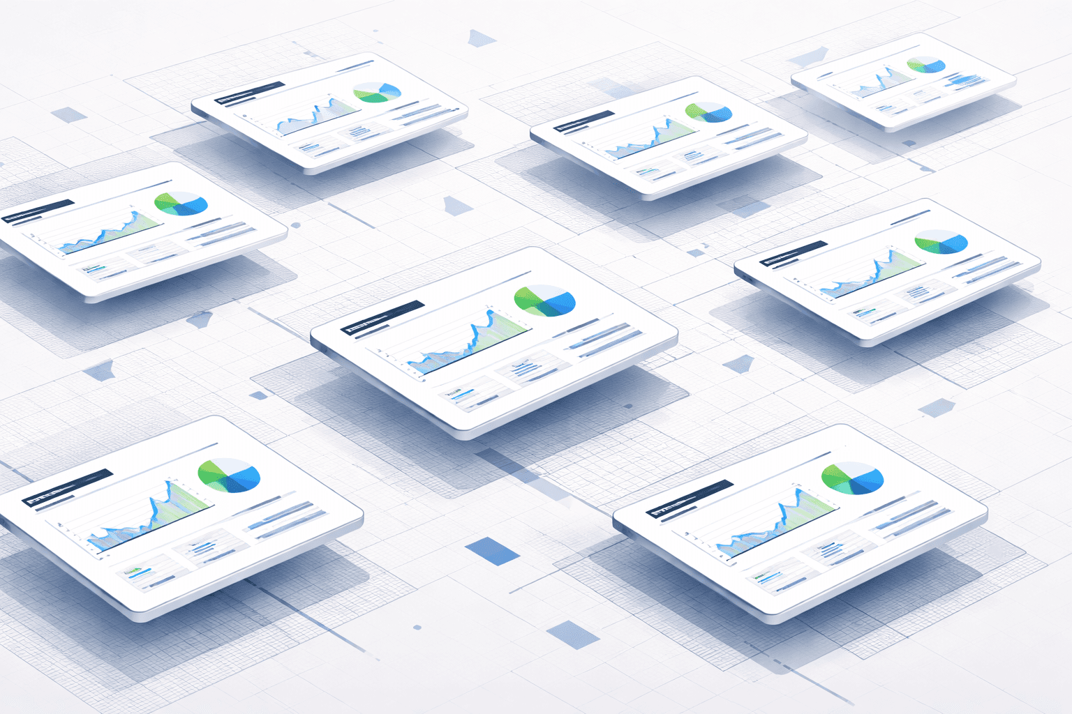 Abstract illustration showing multiple similar analytical dashboards arranged in a grid, suggesting repeated reuse of analysis without explicit revalidation.