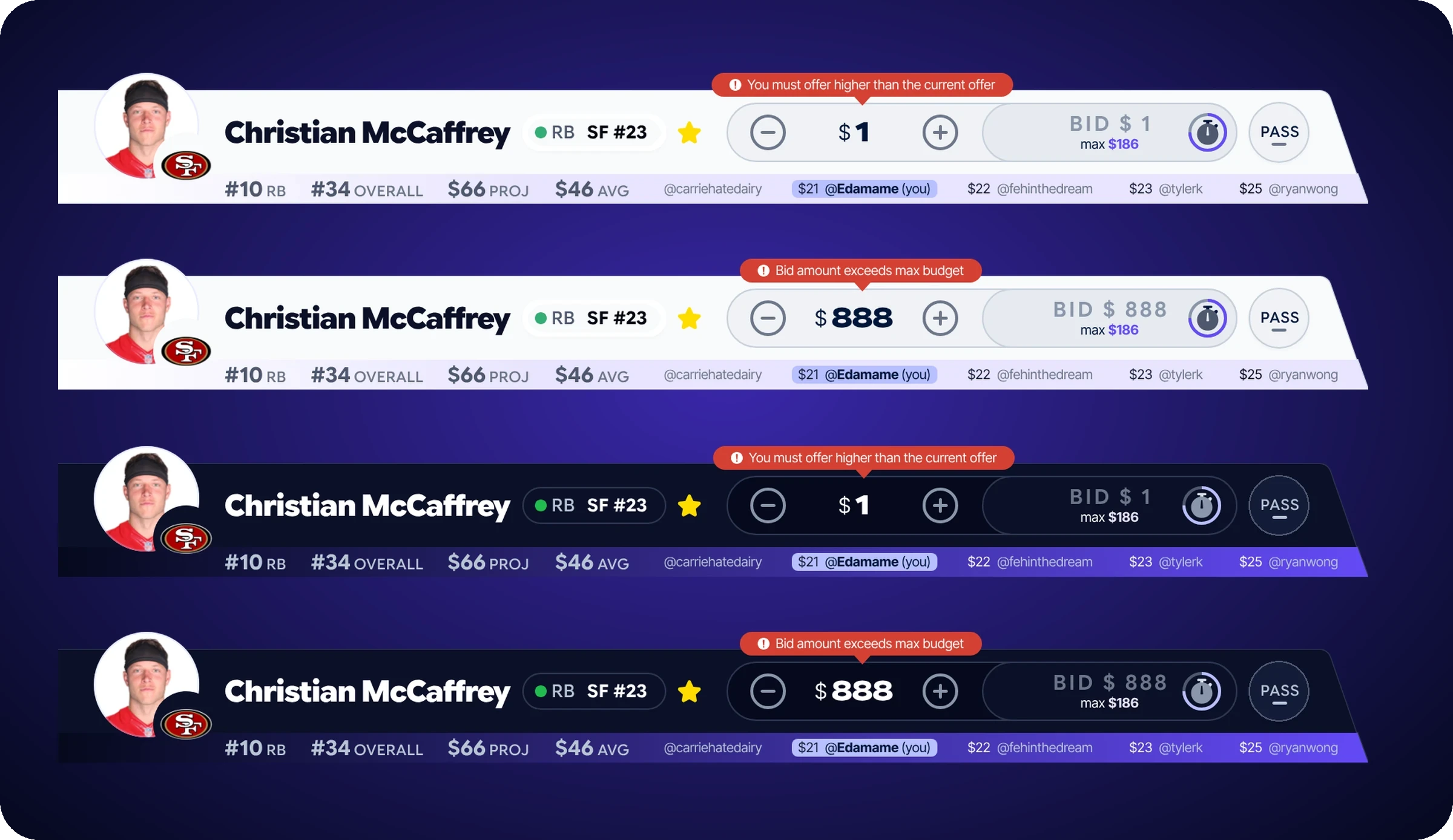 The two bid errors in light and dark: a red tooltip above the amount reading “You must offer higher than the current offer” for a $1 bid, and “Bid amount exceeds max budget” for $888, with the bid button greyed out