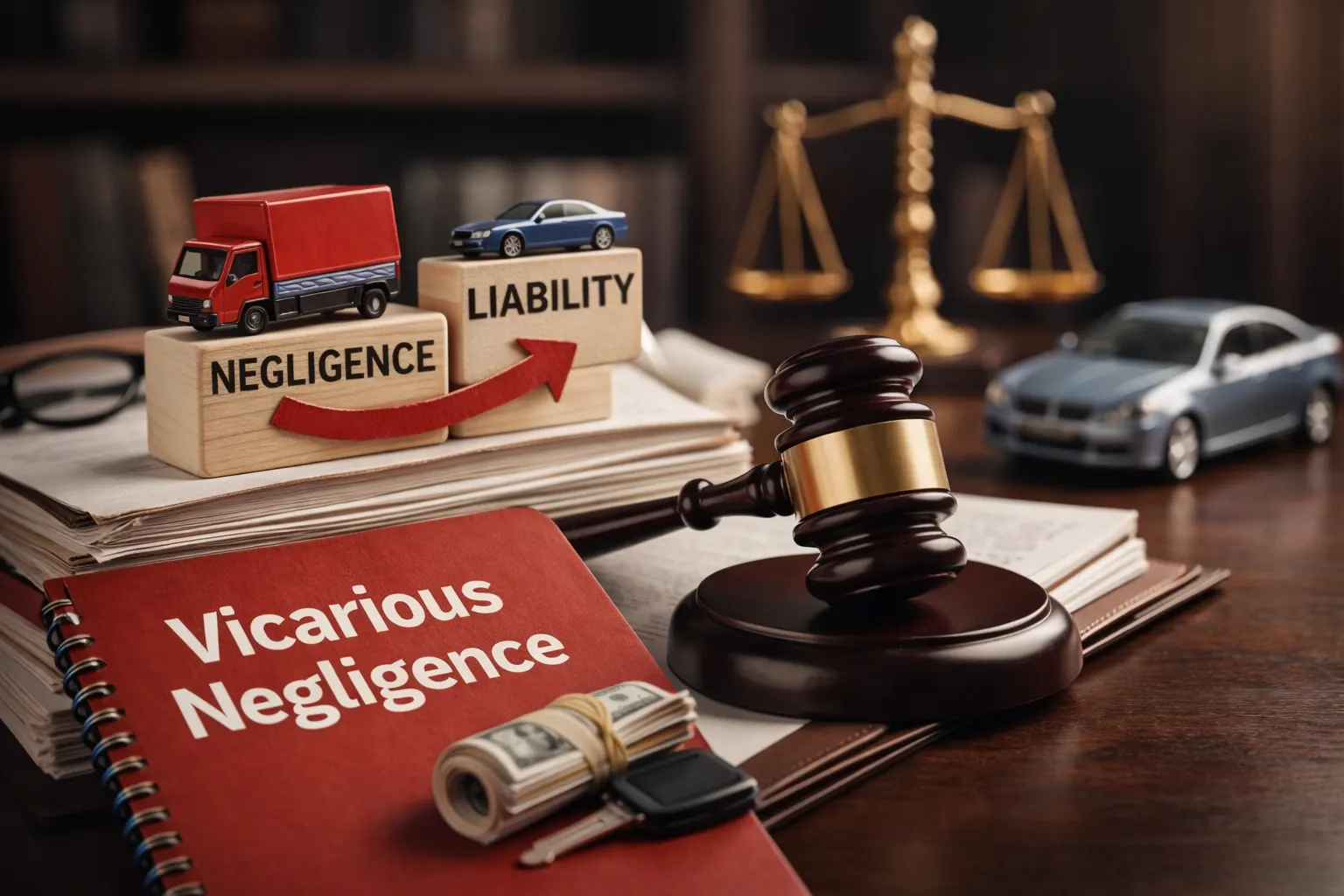 Legal still life illustrating vicarious negligence: a judge’s gavel and scales of justice beside a notebook labeled “Vicarious Negligence”, with toy car and truck on wooden blocks reading “Negligence” and “Liability”, symbolizing employer and vehicle owner responsibility for others’ accidents