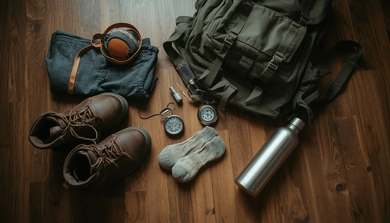 Vue de dessus d’un équipement de randonnée : chaussures, boussole et sac à dos.