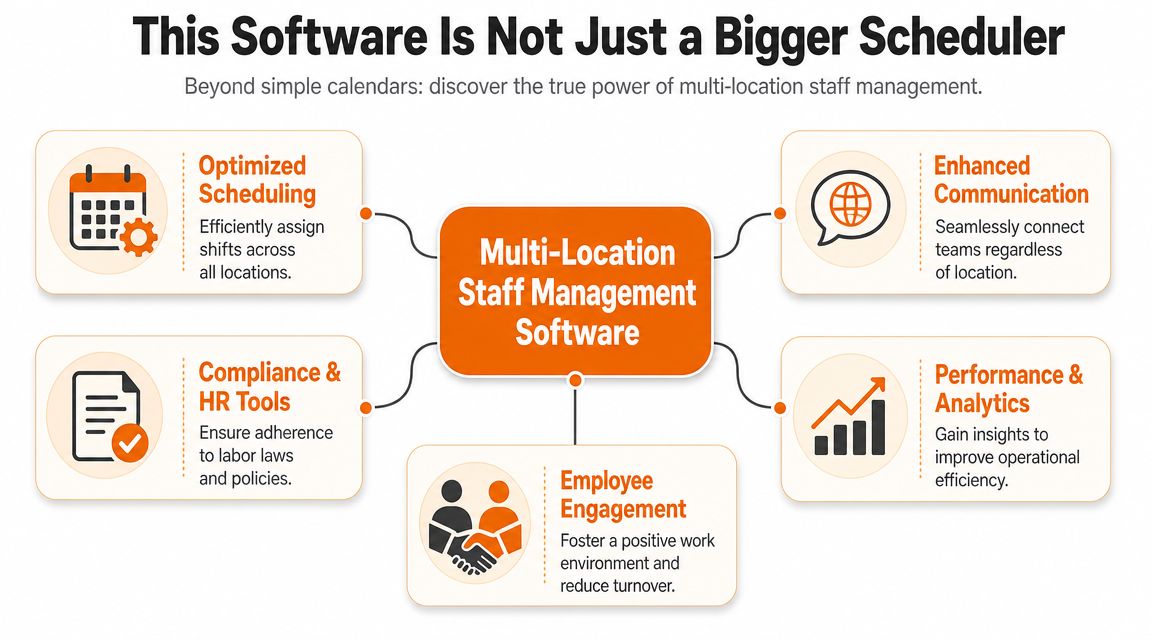 A diagram outlining the key features of multi-location staff management software including scheduling, communication, analytics, and HR tools.