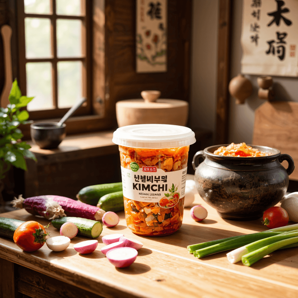 product photography of plastic container of kimchi
