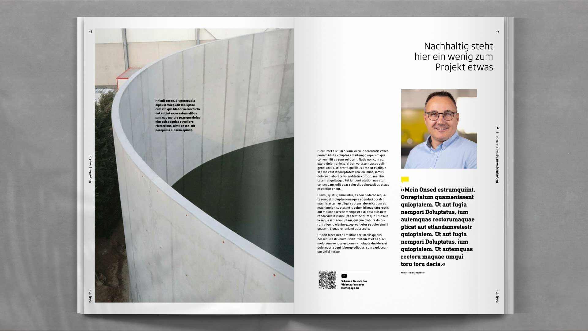 Editorial-Design-Doppelseite zum Thema Umweltbau mit Infoboxen, plakativem Bildeinsatz und typografisch sauberer Gliederung.