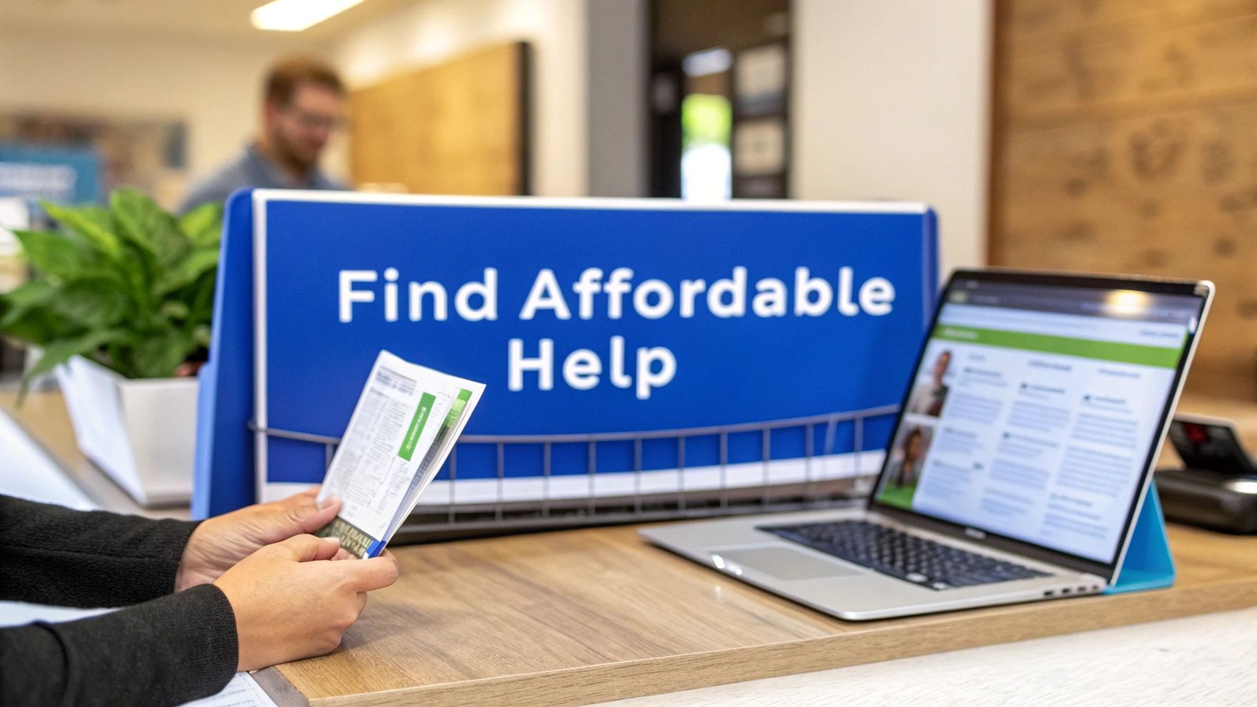 Hands hold a brochure near a sign for affordable help and an open laptop displaying profiles.