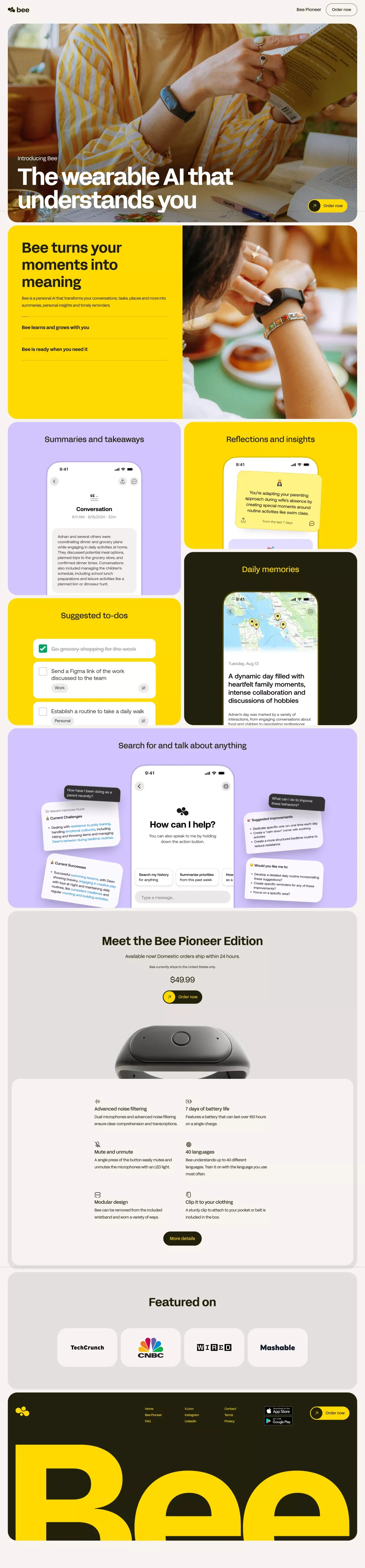 Bee - Your new wearable personal AI landing page screenshot showcasing AI and Tech design