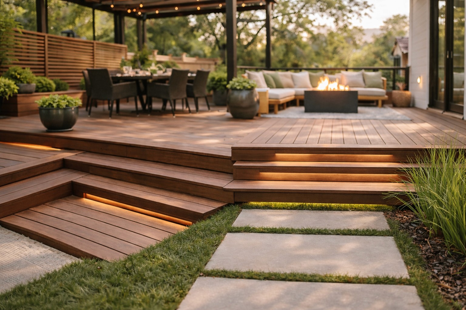 Custom-built outdoor deck with seating, fire pit, and modern wood craftsmanship.