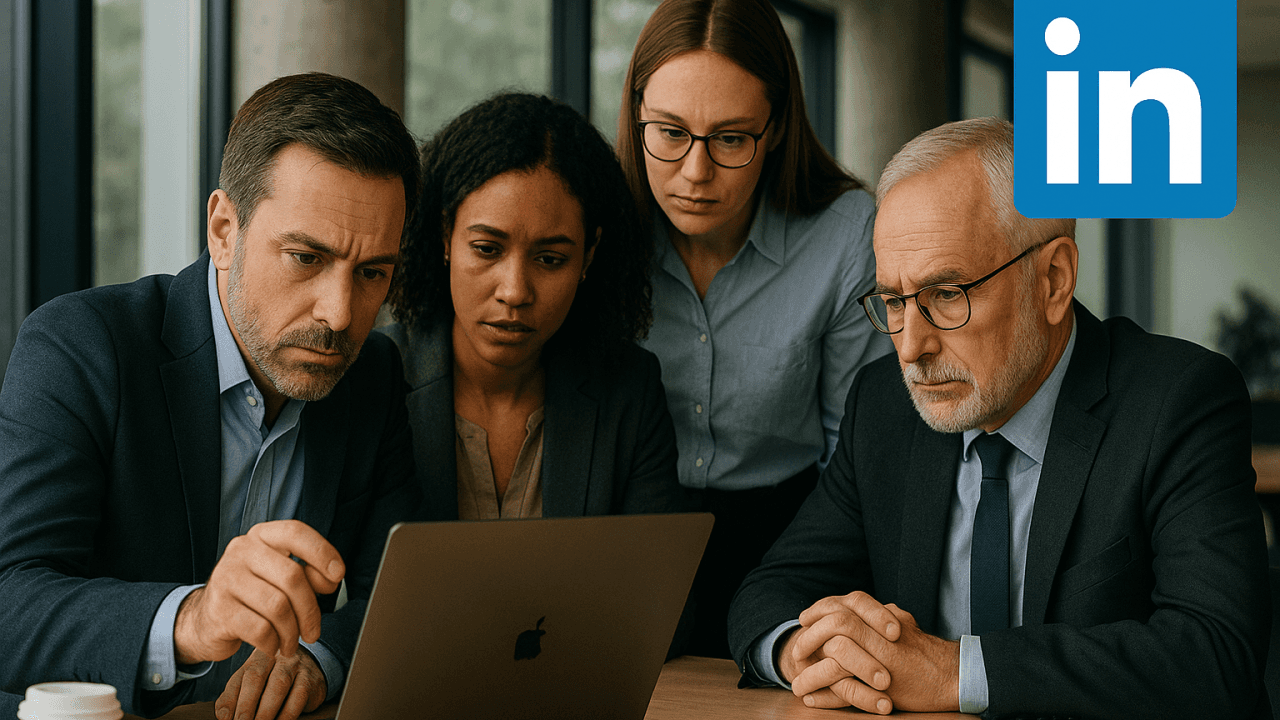 Quatre professionnels réunis autour d’un ordinateur portable, avec le logo LinkedIn visible en haut à droite.