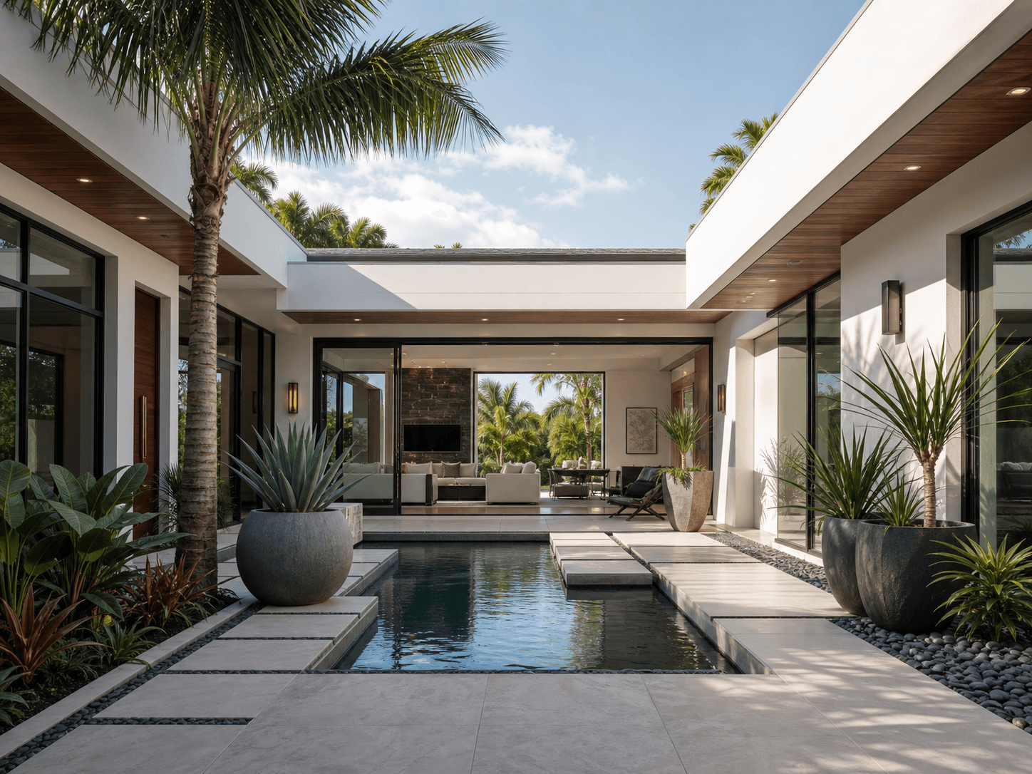 contemporary home with glass walls and pool