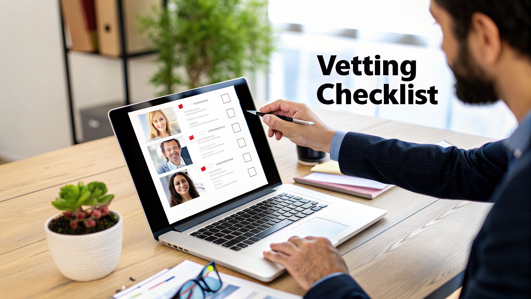 Man checking a vetting checklist on a laptop, evaluating candidate profiles for recruitment.
