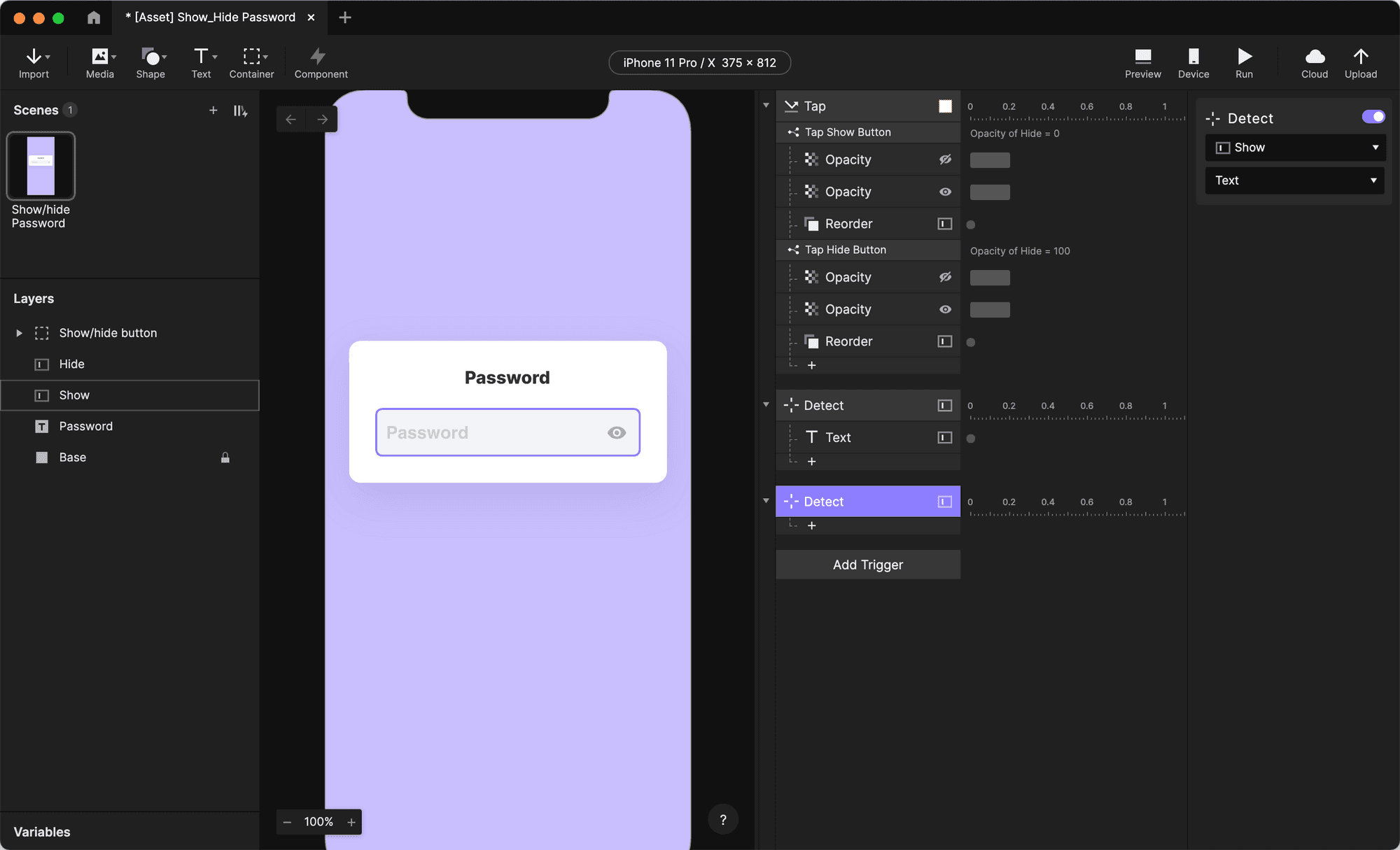 Start by selecting the Show layer, and add a Detect trigger. Change the Detect value to Text.
