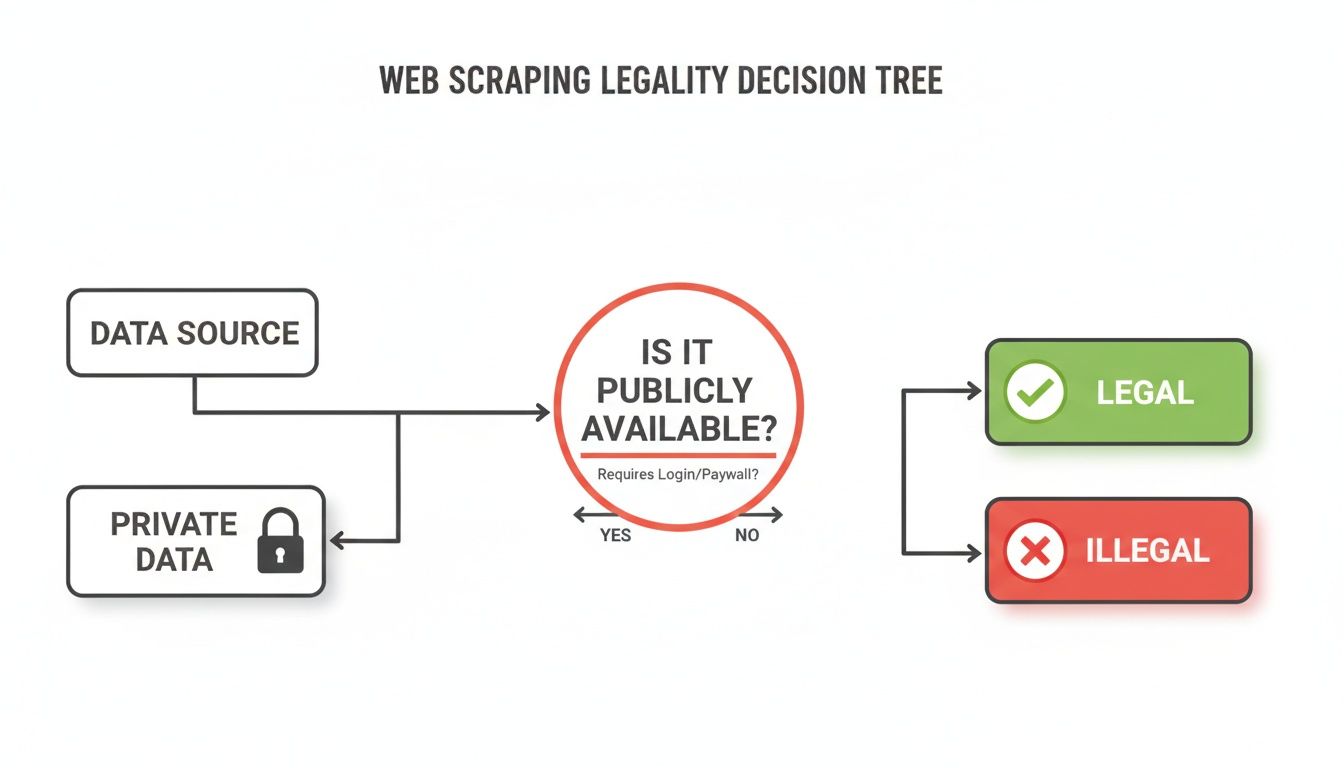 A decision tree flowchart illustrating the legality of web scraping based on data availability.