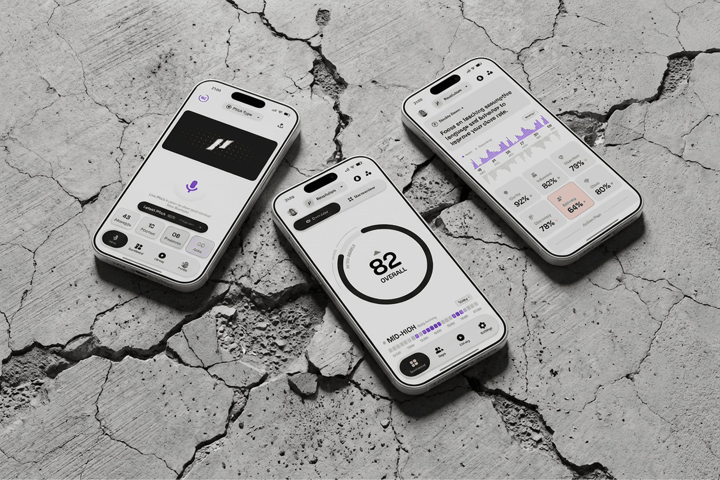 Three pohones laying on damaged concrete displaying Parlay AI generated sales feedback and scoring across multiple sales pitches