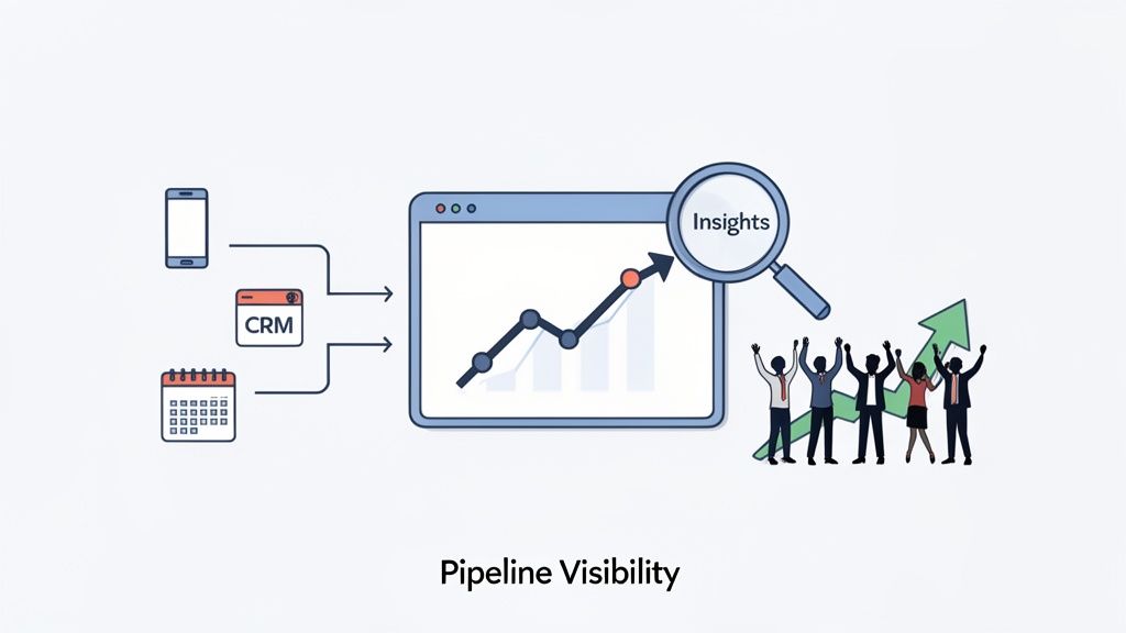 Illustration showing data from mobile, CRM, and calendar feeding into a graph, revealing insights and leading to business growth.