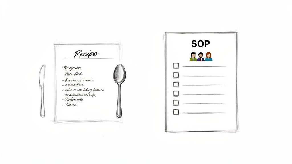 A standard operating procedure template with a checklist compared to a handwritten recipe with cooking utensils.