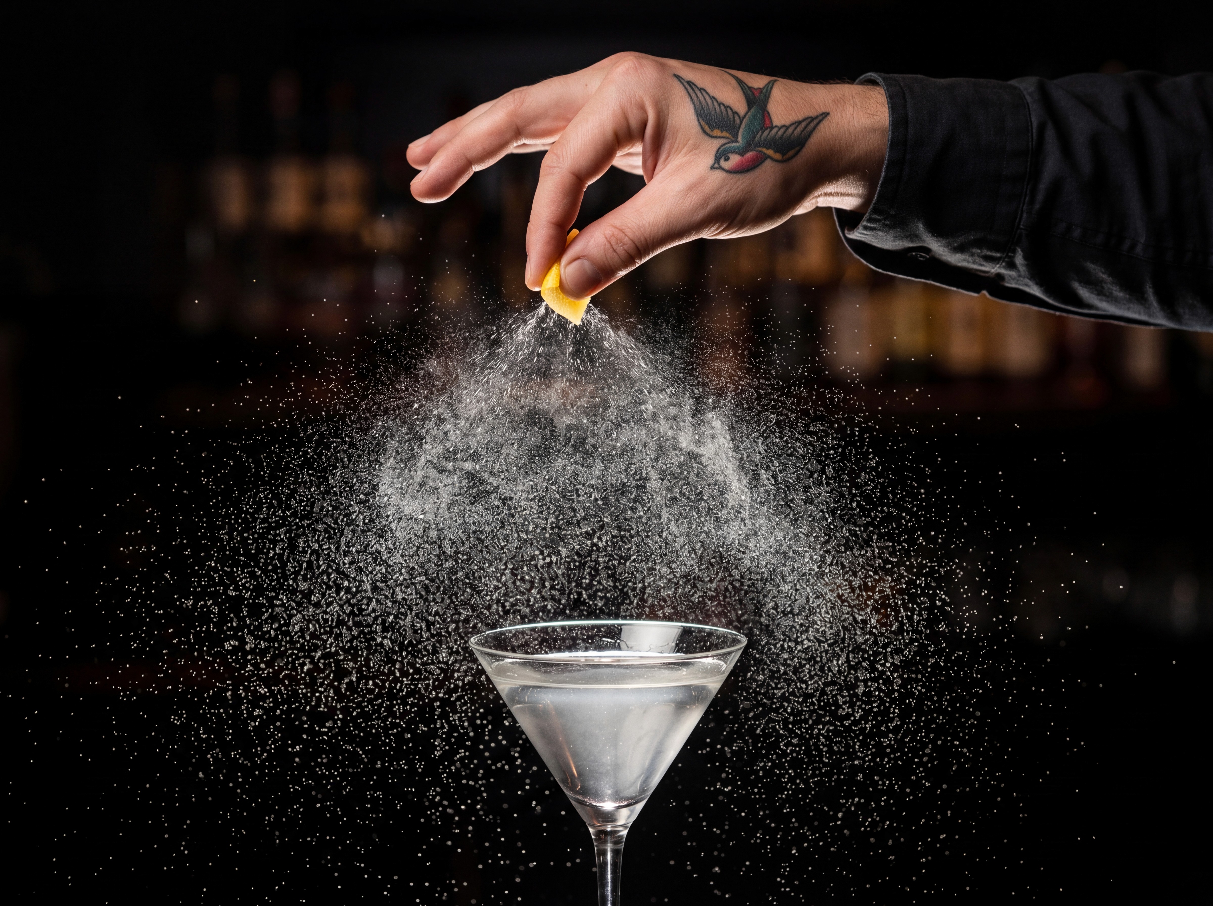A tattooed bartender's hand expresses a lemon peel high above a crystal-clear martini, the citrus oils misting in a wide backlit fan against a dark bar.