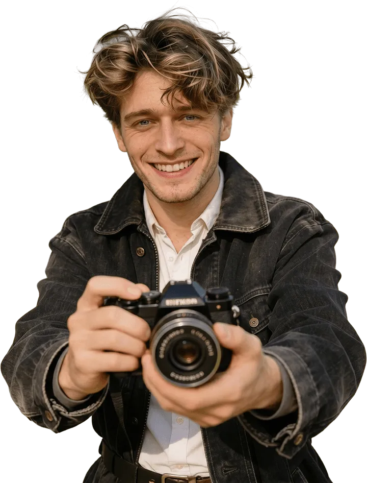 Elian Moreau, professional photographer, holding a camera toward the viewer with a friendly smile