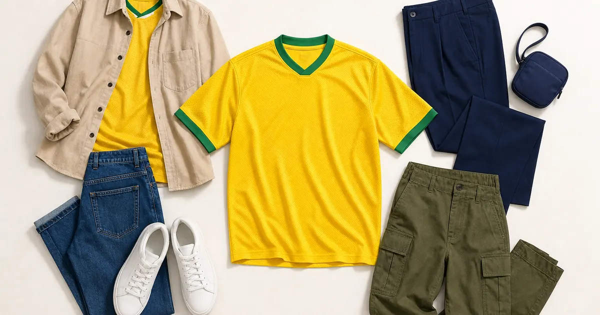Yellow Brazil jersey styled with blue denim, olive cargos, navy trousers, white sneakers, and a beige overshirt
