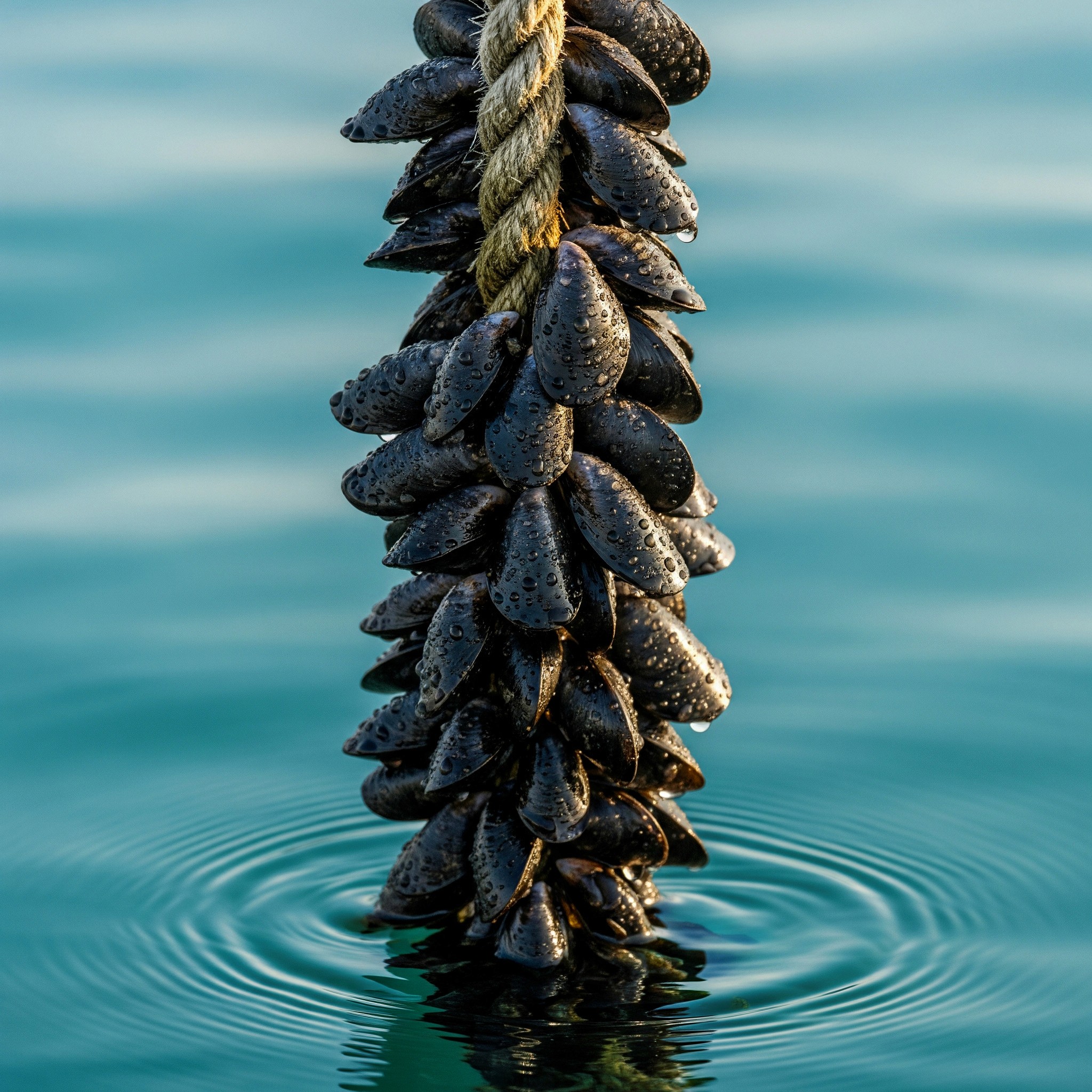 Cluster of mussels growing on a rope above calm seawater.